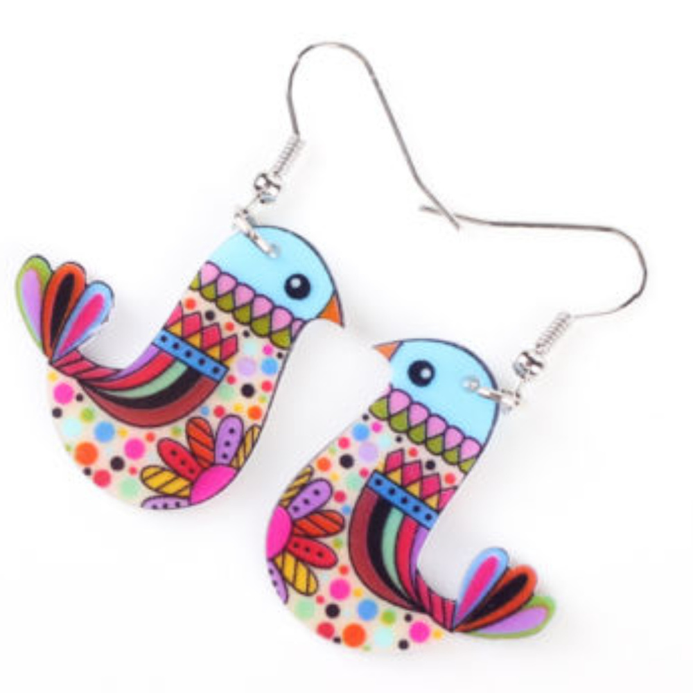 New Colorful Bird Earrings Dangle Drop Retro Look - Picture 3 of 3